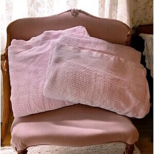 Twin Size Pink Basketweave Blanket Vintage Large Cotton Pale 68" X 90" Lot Of 2